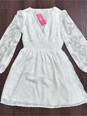 White Floral Lace V-Neck Smocked Waist Dress by